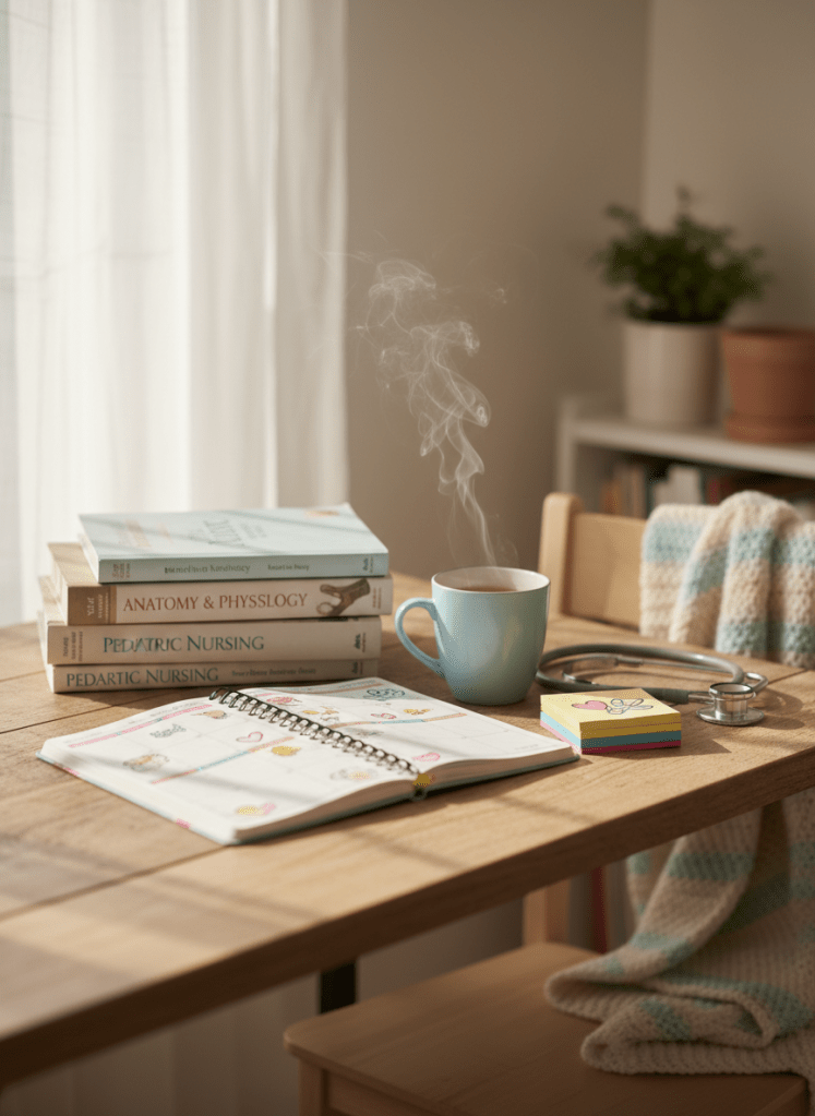 A cozy wooden writing desk covered with neatly arranged nursing textbooks, a colorful open planner, and a pastel mug of herbal tea releasing a delicate curl of steam. A soft baby blanket is draped over the back of a simple chair, and a stethoscope rests coiled beside a small stack of sticky notes with playful doodles of hearts and bandages. Gentle morning daylight filters through a nearby window, casting warm, diffused light and soft shadows across the surface. Photographic realism, shot at eye level with a shallow depth of field that keeps the desk in crisp focus while the background dissolves into a soft bokeh of neutral tones, creating an inviting, slightly playful blog-header atmosphere.