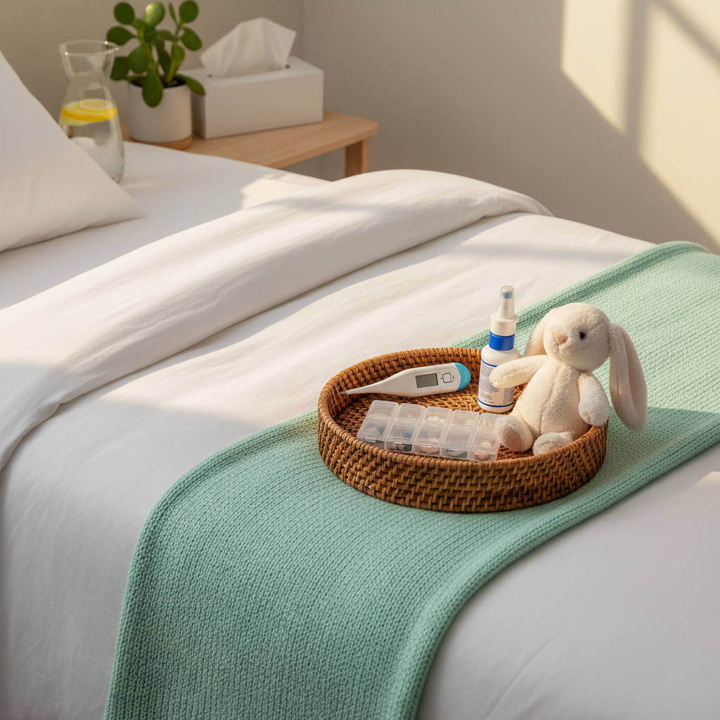 A neatly made bed with crisp white sheets and a cheerful mint-green knitted throw, topped with a small woven basket containing a digital thermometer, colorful pill organizer, nasal spray bottle, and a soft plush bunny. On the bedside table stands a carafe of water with lemon slices, a box of tissues, and a tiny potted plant with round green leaves. Late afternoon natural light streams in from an unseen window, creating gentle highlights on the glass and subtle shadows behind the objects. Photographic realism, captured from a slightly elevated angle with balanced composition, evoking a calm, reassuring mood that suggests practical home-care tips in a nurturing environment.